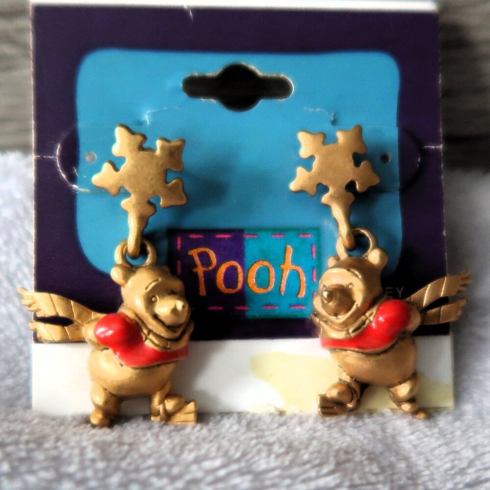 Disney Winnie the Pooh Ice Skating Snowflake Earrings Vintage Fan Gift Finds